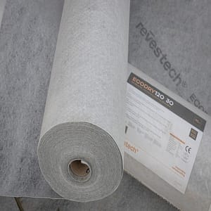 Rollo de membrana impermeabilizante ECODRY 120 de Revestech, sistema de impermeabilización en seco para pisos y paredes, con etiqueta técnica visible.
