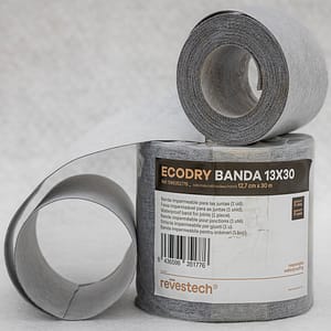 ECODRY Banda 13×30 de Revestech, banda impermeable para sellado de juntas, presentada en rollo para sistemas de impermeabilización en seco.